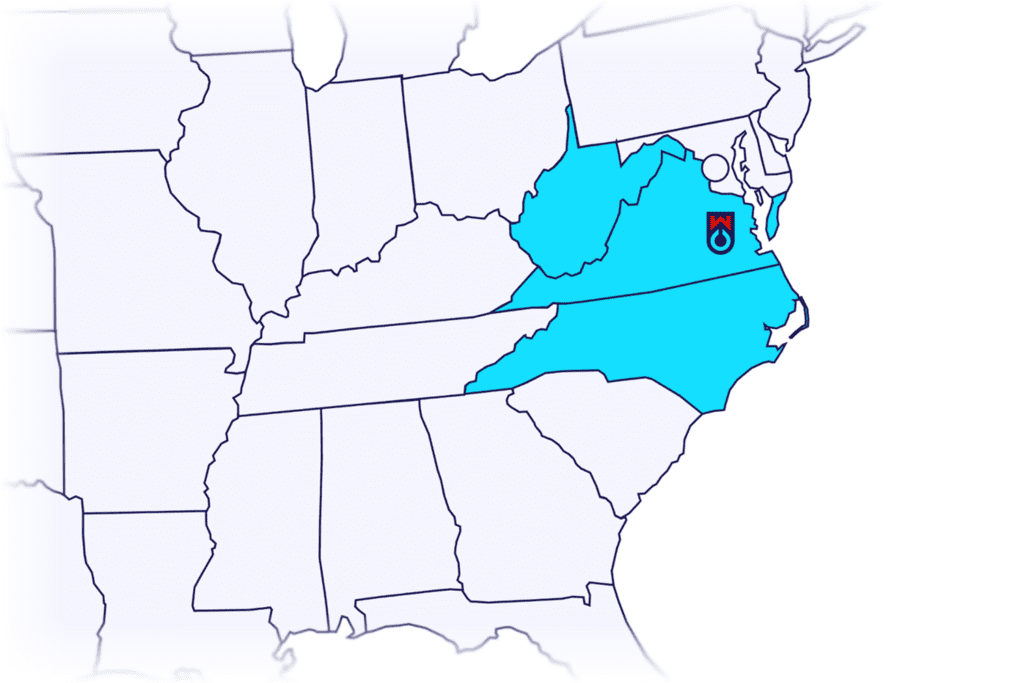 Illustrative map of WOCO Oil service area, with West Virginia, Virginia, and North Carolina colored with a deeper blue. The WOCO oil logo is overlayed on the Richmond, VA area.
