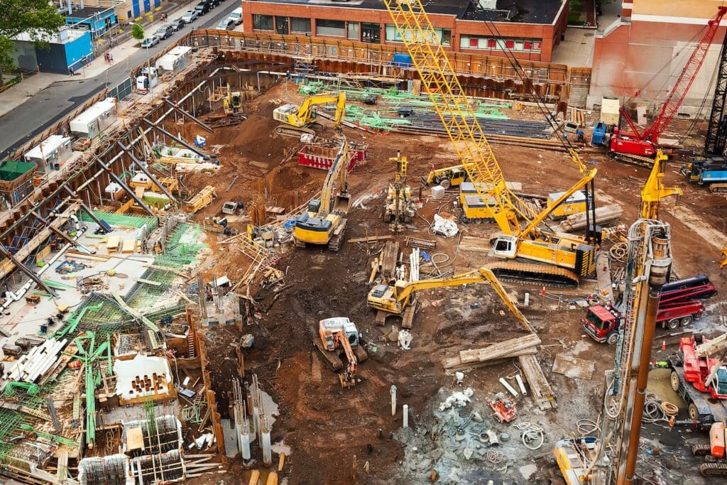 Construction work site with construction machinery